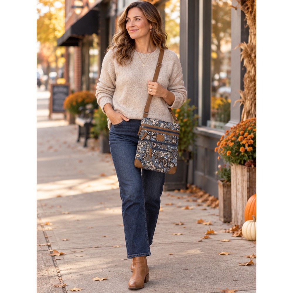 Stone Mountain Paisley Crossbody Bag Blue Brown Multi Pocket Boho Organizer